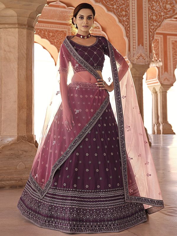 Red-Wine Crepe Lehenga Choli with All over Floral Butis and Sheer Dupatta