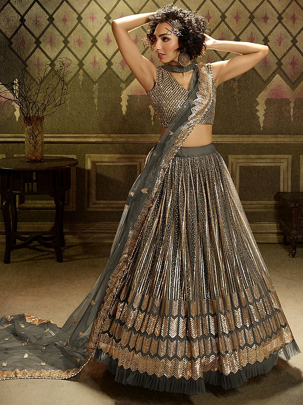 Grey Soft Net Lehenga Choli With All Over Sequins Work And Dupatta