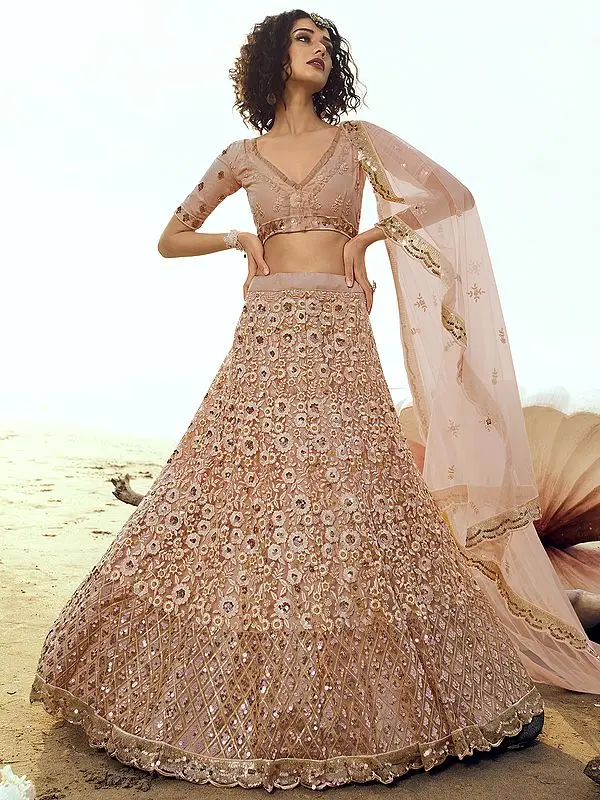 Peach Soft Net Lehenga And V-Neck Choli with Sequins-Thread Work