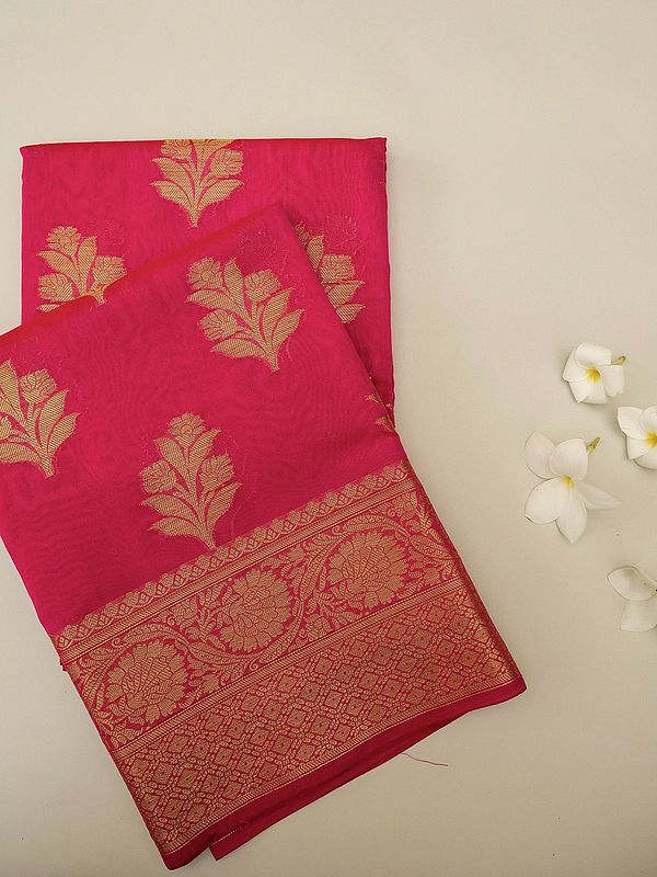 Virtual-Pink Brocaded Floral Buta Banarasi Art Silk Saree
