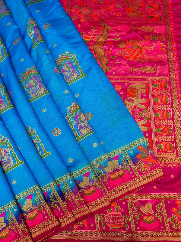 Diva-Blue Banarasi Art Silk Saree With Depiction Of Wedding Through Auspicious Motifs