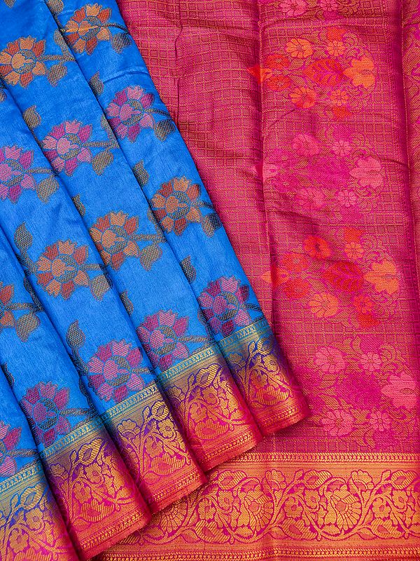 Saffron Banarasi Dupion Silk Saree with Beautiful Floral Vine Pattern All-Over