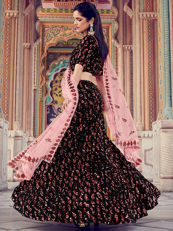 Black Fur Lehenga Choli with Red All-Over Sequins Buti Work and Pink Soft Net Dupatta