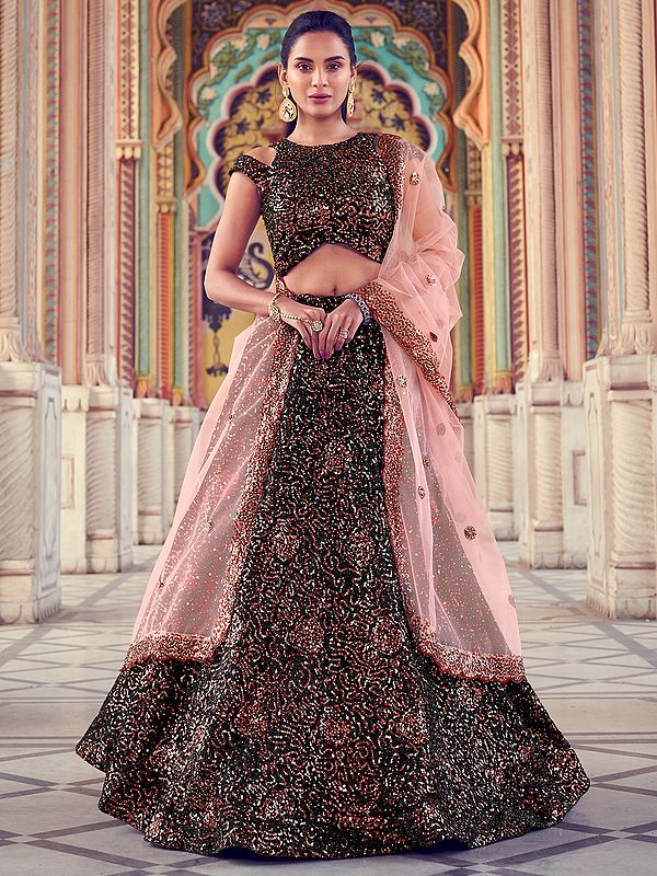 Black Fur Lehenga Choli with Heavy Sequins Embellished and Pink Soft Net Dupatta