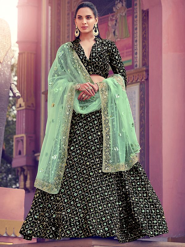 Black Fur Lehenga and Lapel Collar Deep Neck Choli with All-Over Clover Bail Sequins Work