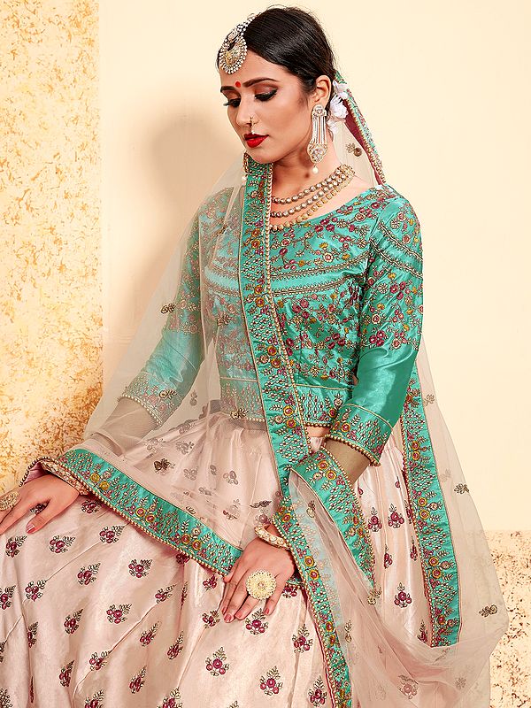 Peach and Green Woven Lehenga Choli | Indian wedding lehenga, Designer  lehenga choli, Lehenga with price