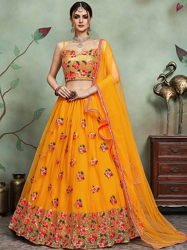 Soft Net Lehenga Choli with All over Embroidered Flower and Sequins with Beautiful Dupatta