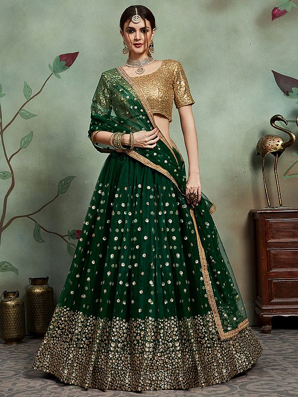 Net Lehenga with Embellished Sequins Work with Golden Shimmer Choli and Dupatta