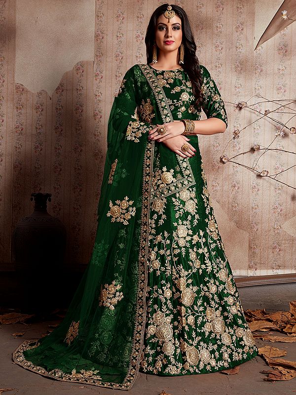 Velvet Silk Floral Vine Motif Lehenga Choli With Dori, Lace Work And Soft Net Dupatta