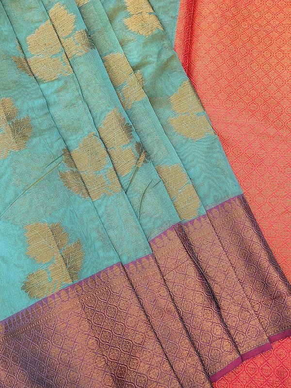 Banarasi Cotton Silk Saree with Brocaded Maple Leaf Bunch Zari Motif and Contrast Broad Border