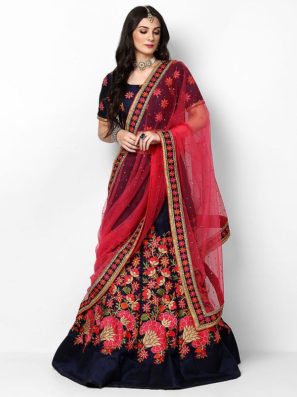 Navy-Blue Mulberry Silk Lehenga with Floral Embroidery and Pink Sweetheart Neck Choli with Sheer Dupatta