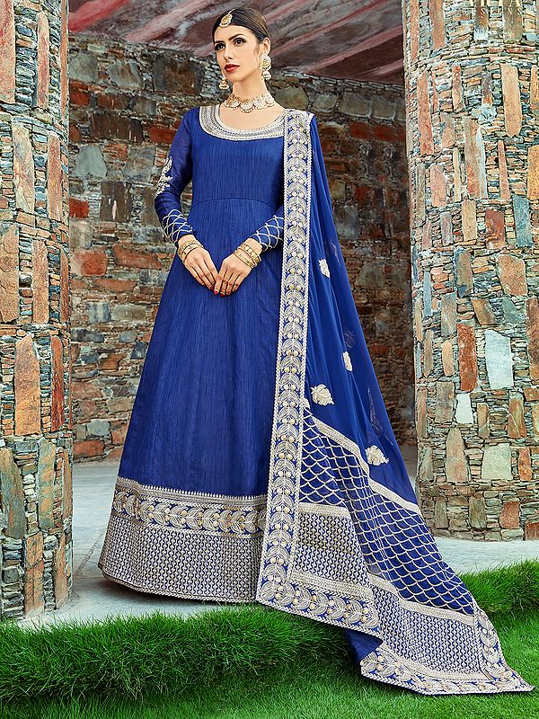 Navy-Blue Art Silk Zari Anarkali with Dori Embroidery and Heavy Detailed Work Georgette Dupatta