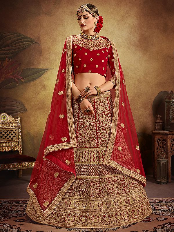 Rococco-Red Velvet Bridal Lehenga Choli with Zari Embroidered Floral Motif and Net Dupatta