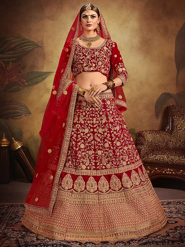 Bittersweet-Red Velvet Bridal Lehenga Choli with All-over Thread Embroidery and Net Dupatta