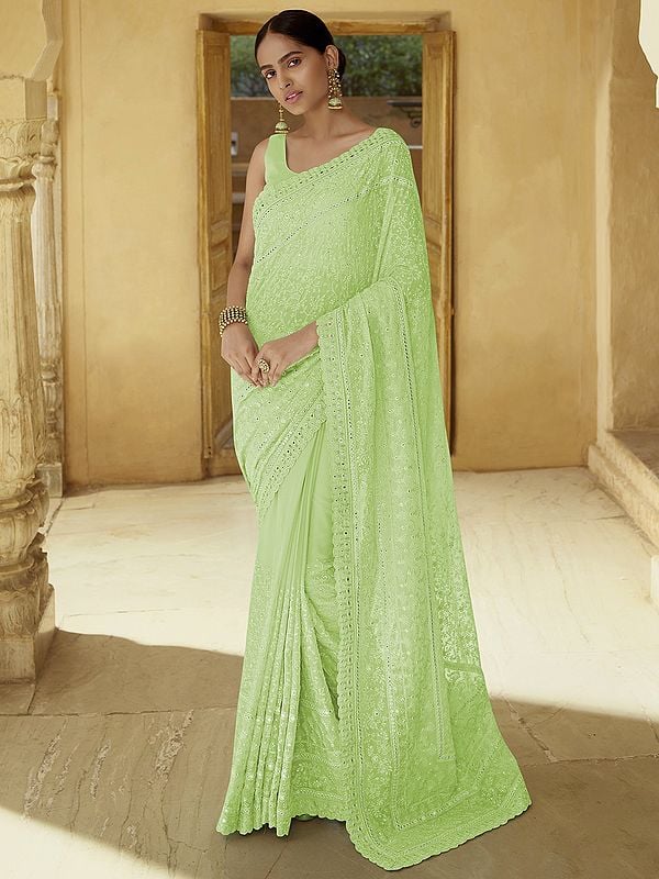 Georgette Bail Butta Pattern Saree with All-Over Thread, Mirror, Sequins Embroidery and Scalloped Border