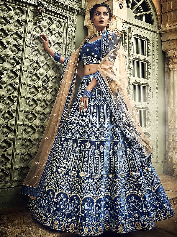 Imperial-Blue Velvet Lehenga Choli with All Over Zari Gota Thread embroidery and Soft Net Dupatta