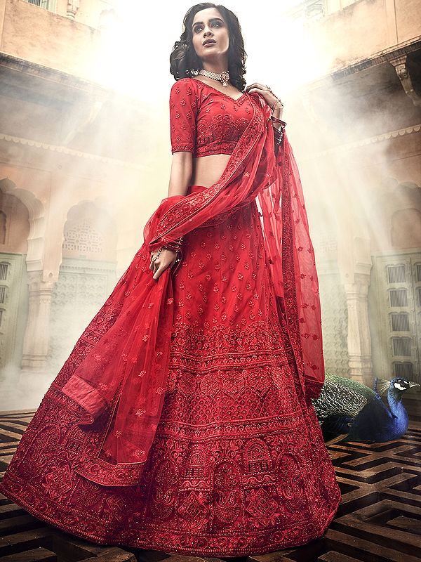 Lipstick-Red Soft Net Lehenga Choli With All Over Thread Embroidery and Designer Dupatta