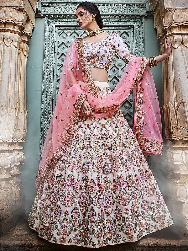 Off-White Georgette Lehenga Choli with Multicolor Thread Embroidered and Designer Dupatta