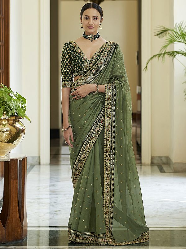 Olive-Green Art Silk Saree With All-Over Sequins Chakra Motif And Meena Bail Butta Dori-Zari Embroidery On Border