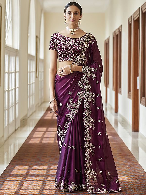 Purple Crepe Bail Butta Design Saree With Beautiful Dori, Resham, Cut Work