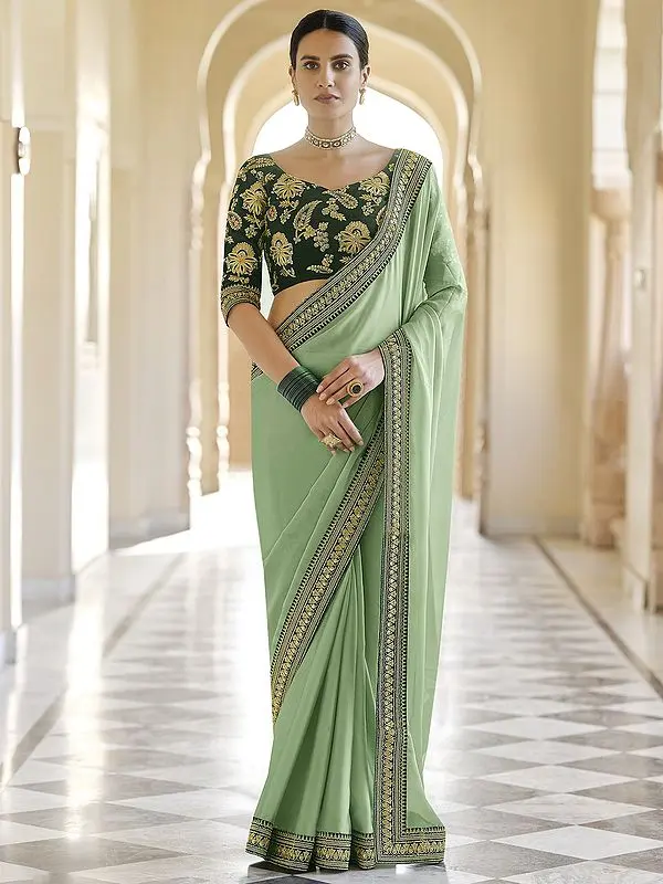 Plain Organza Saree with Embellished Dori-Sequins Work on Border