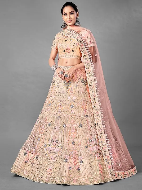 Peach Soft Net Lehenga Choli with Embellished Thread, Dori, Zarkan Work