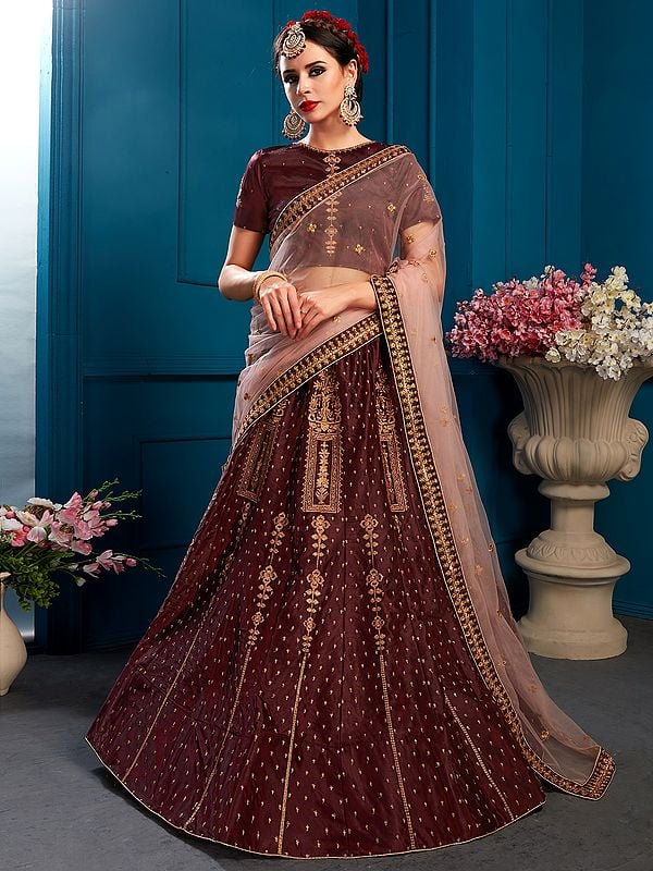 Wine Satin Lehenga Choli with Thread Embroidered Zarkan Work and Soft Net Dupatta