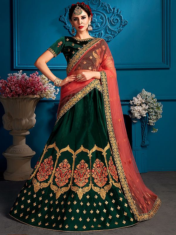 Green-Gabels Satin Lehenga Choli with Mughal Motif Stone-Dori Work and Designer Dupatta