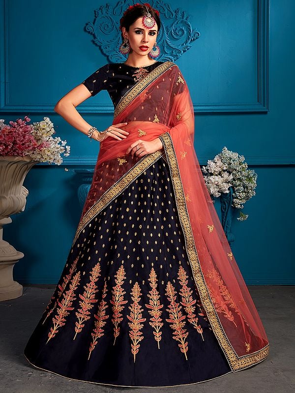 Navy-Blue Satin Lehenga Choli with All Over Zari Resham Sequin butis and Soft Net Dupatta