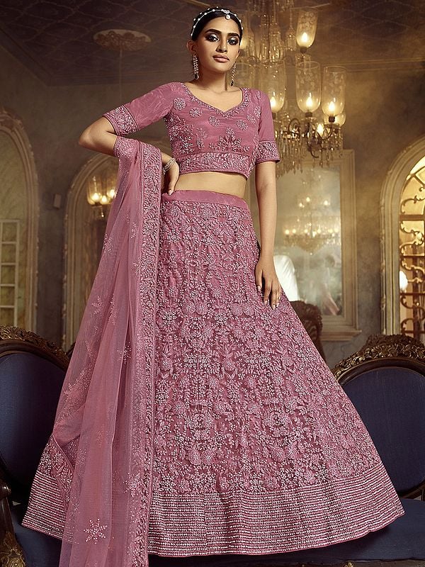 Lavender-Pink Soft Net Lehenga Choli with Embellished Thread Work and Net Dupatta