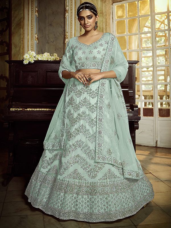 Sea-Green Soft Net Lehenga Choli with Floral Wave Design and Net Dupatta