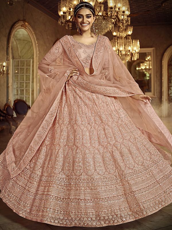 Coral-Pink Soft Net Lehenga Choli With Thread Embroidered Zarkan Work and Soft Net Dupatta