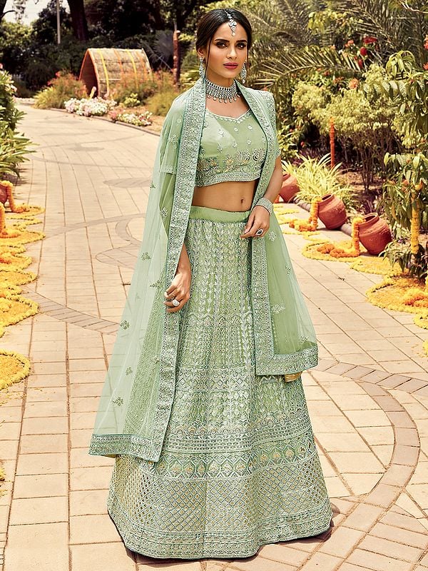 Organza Zarkan-Resham Work Laddi Pattern Lehenga with Floral-Animal Motif Choli and Soft Net Dupatta