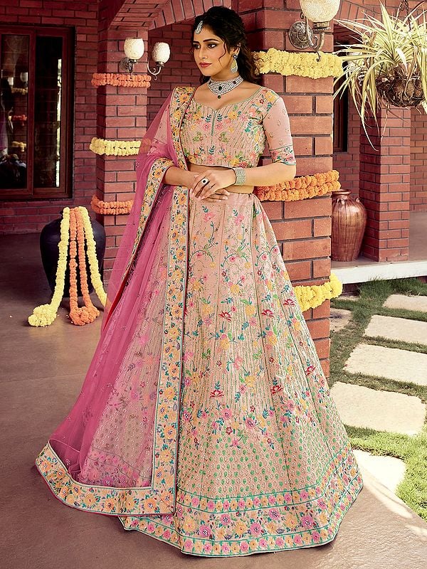 Meena Floral Bail Butta Raw Silk Lehenga Choli with Sequins, Zarkan, Resham Work and Soft Net Dupatta