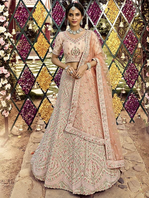 Peach Crepe Chowkadi Floral Pattern Lehenga Choli with Swarovski, Zarkan Work and Soft Net Dupatta