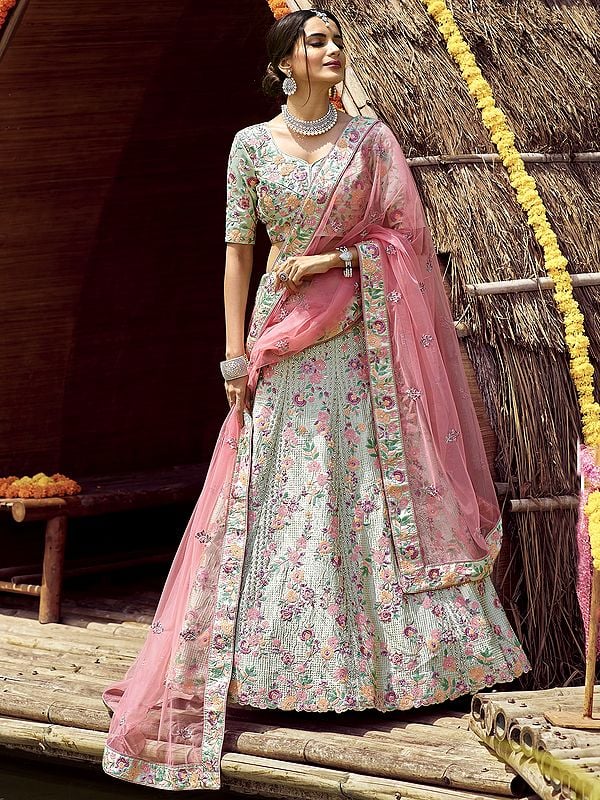 Satin Lehenga Choli with Multicolor Floral Bail Swarovski, Resham Work and Soft Net Dupatta