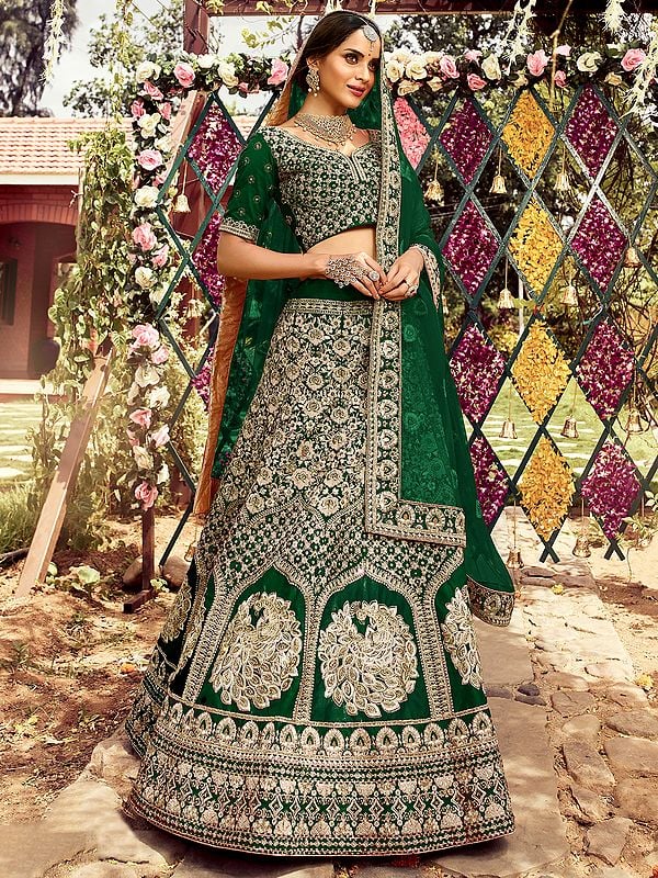 Raw Silk Floral-Peacock Lehenga Choli with Zarkan, Dori Work and Soft Net Dupatta