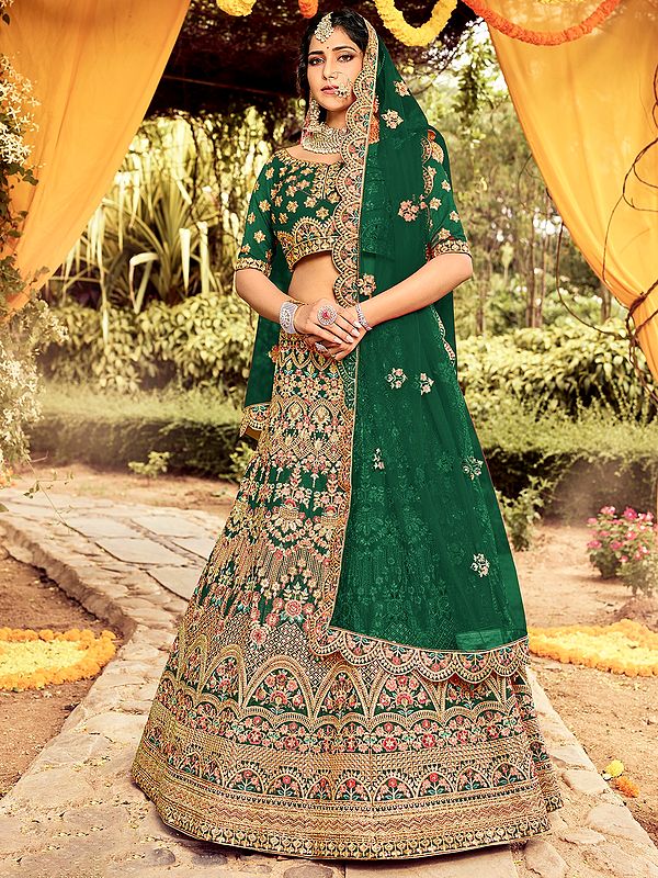 Raw Silk Arch Motif Meena Floral Bail Lehenga Choli with Resham, Zarkan Work and Scalloped Soft Net Dupatta