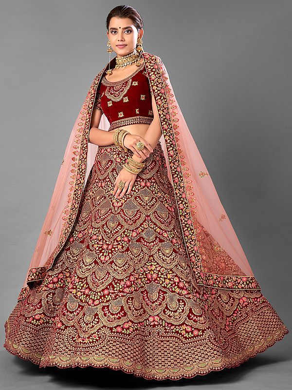 Maroon Velvet Necklace Design Embroidered Lehenga Choli With Zari-Thread Work And Soft Net Dupatta