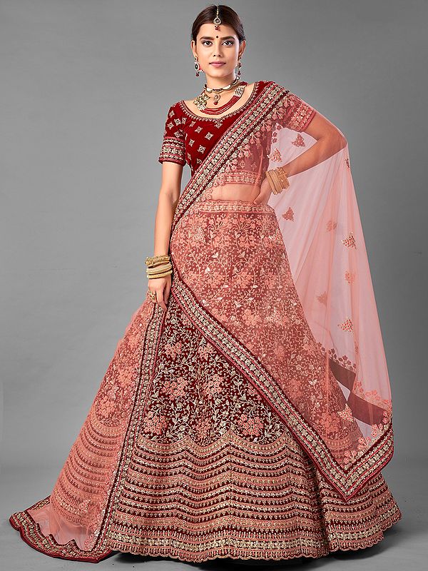 Maroon Velvet Bridal Lehenga Choli With Flower Bunch Vine And Dori, Zari Embroidered Scalloped Bottom