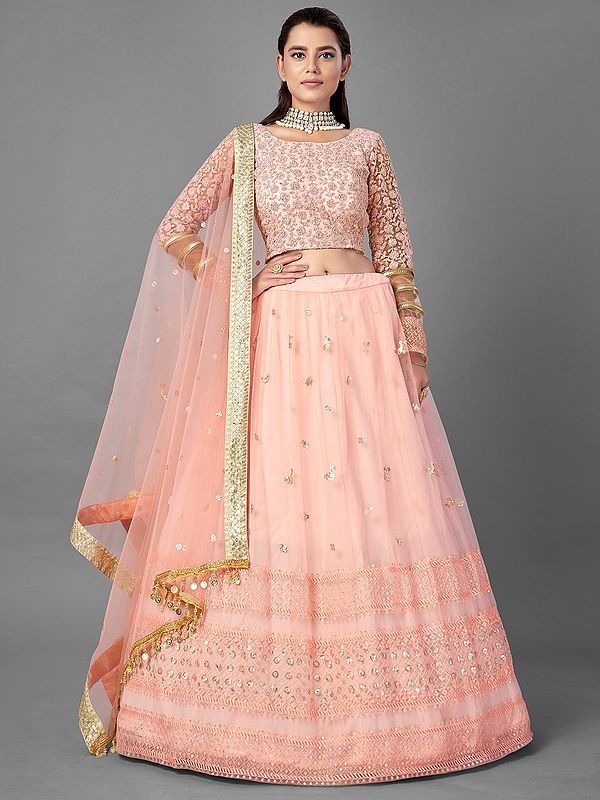 Peach Soft Net Clover Butta Lehenga with Floral Bail Motif Choli and All-Over Sequins, Thread, Dori Embroidery