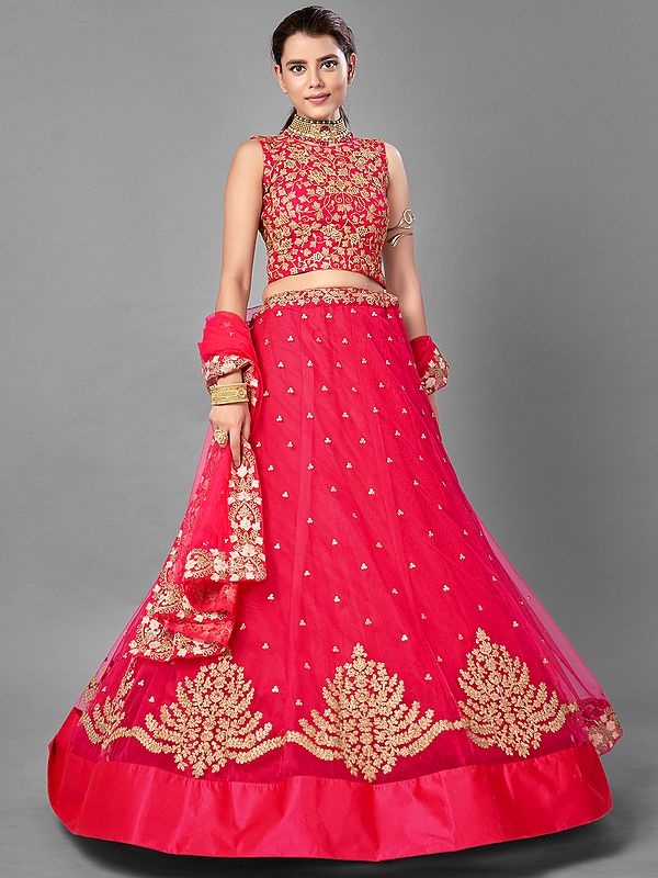 Pink Soft Net Designer Club Motif Lehenga with Floral Bail Butta Choli and All-Over Dori-Thread Work