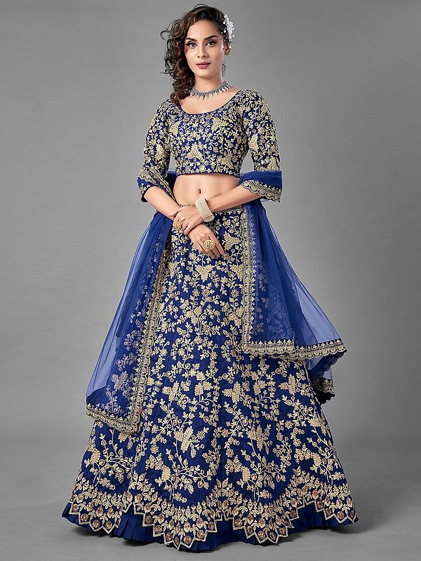 Blue Art Silk Dori-Sequins Work Frill Lehenga Choli with All-Over Bail Buti Motif and Designer Dupatta