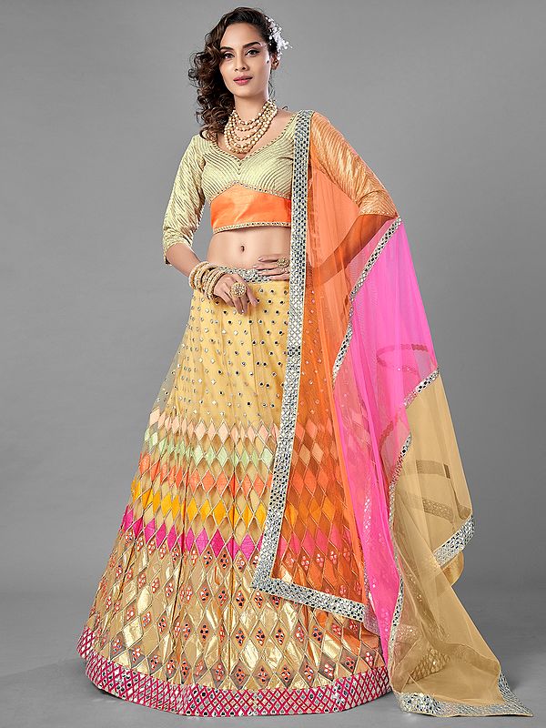 Beige Soft Net Designer Lehenga Choli with Plastic, Mirror, Zari Work and Sheer Dupatta