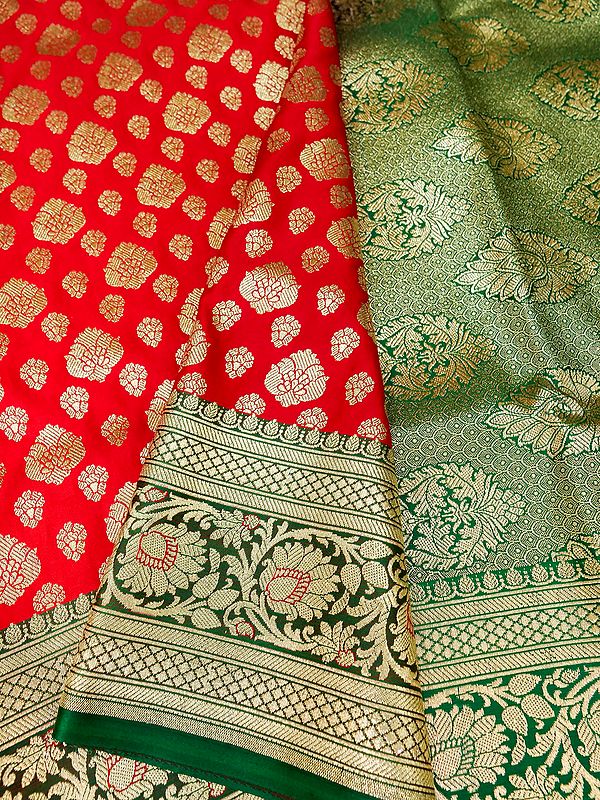 Red-Green Color Combo Traditional Banarasi Satin Silk Saree With Floral Butta And Kalka Motif