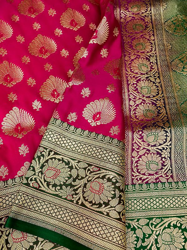 Fuschia Banarasi Satin Silk Saree with Peacock Icon Motif and Bail Butta on Border