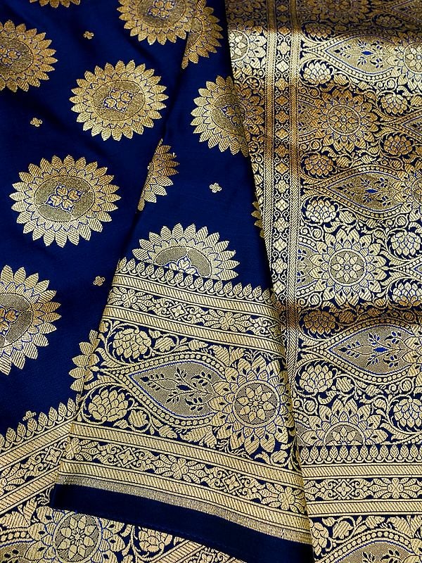 True Blue Banarasi Satin Silk Saree With All-Over Zari Chakra Floral Pattern And Kali Motif On Pallu