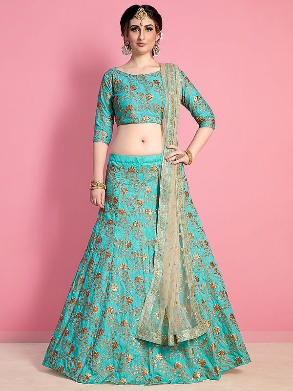 Sea-Green Art Silk Lehenga Choli with All Over Zari Embroidery and Soft Net Dupatta