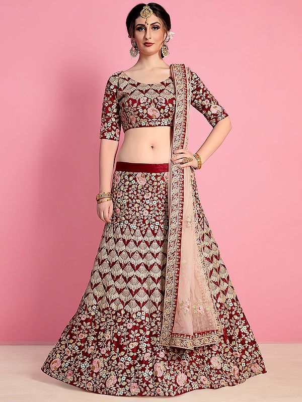 Oxblood-Red Velvet Silk Lehenga Choli With Zari Floral motif Dori-Sequin Work And Embroidered Dupatta
