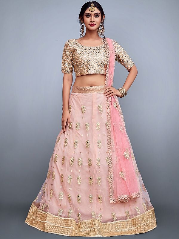 Soft Net Lehenga Choli with Embellished Mirror Work and Cut Work Dupatta